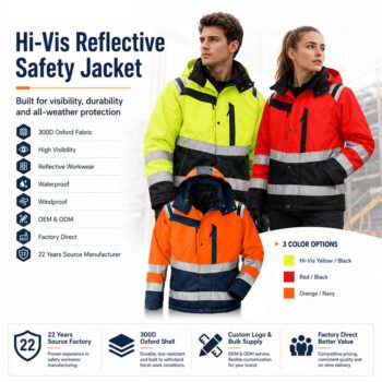 Waterproof Winter Warm Padded Hi Vis Reflective Safety Coat Construction Custom Workwear Work Jacket