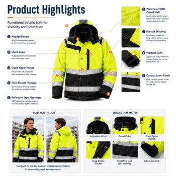 Waterproof Winter Warm Padded Hi Vis Reflective Safety Coat Construction Custom Workwear Work Jacket
