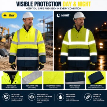 hi vis jacket (7) Outdoor OEM High Visibility Workwear Work Coat Mining Construction Worker Uniform Hi Vis Reflective Jacket