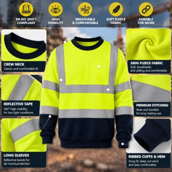 reflective Sweatshirt (1) Custom Logo Construction Mining Engineer Reflective Safety Workwear Worker Uniform Hi Vis Work Sweatshirt