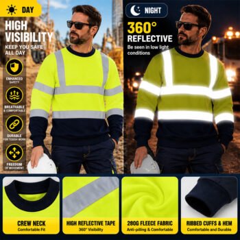 reflective Sweatshirt (12) Custom Logo Construction Mining Engineer Reflective Safety Workwear Worker Uniform Hi Vis Work Sweatshirt
